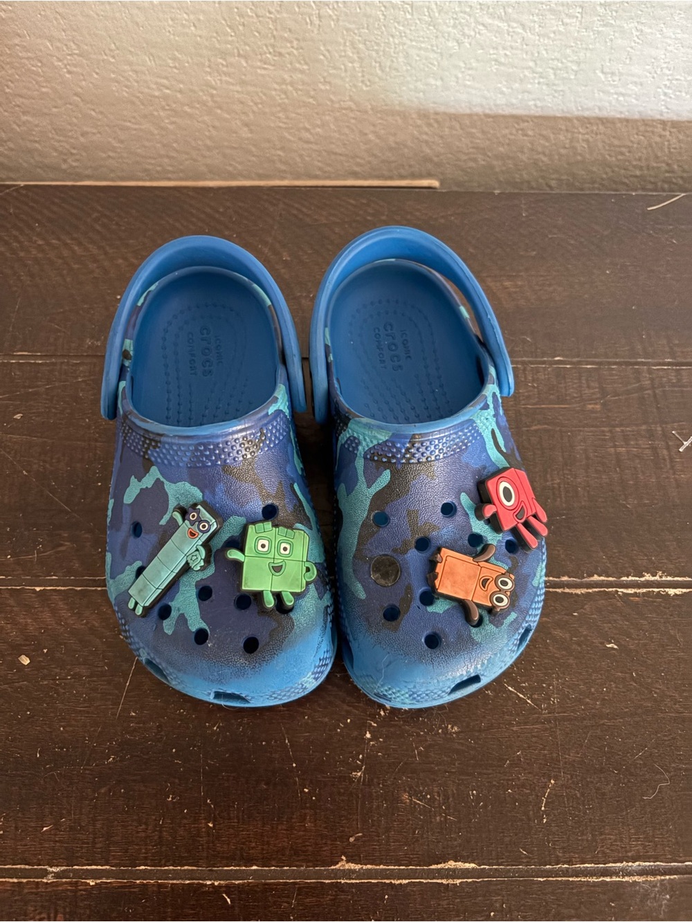 CROCS Kids Blue Camo Clog Sandals with Fun Character Jibbitz